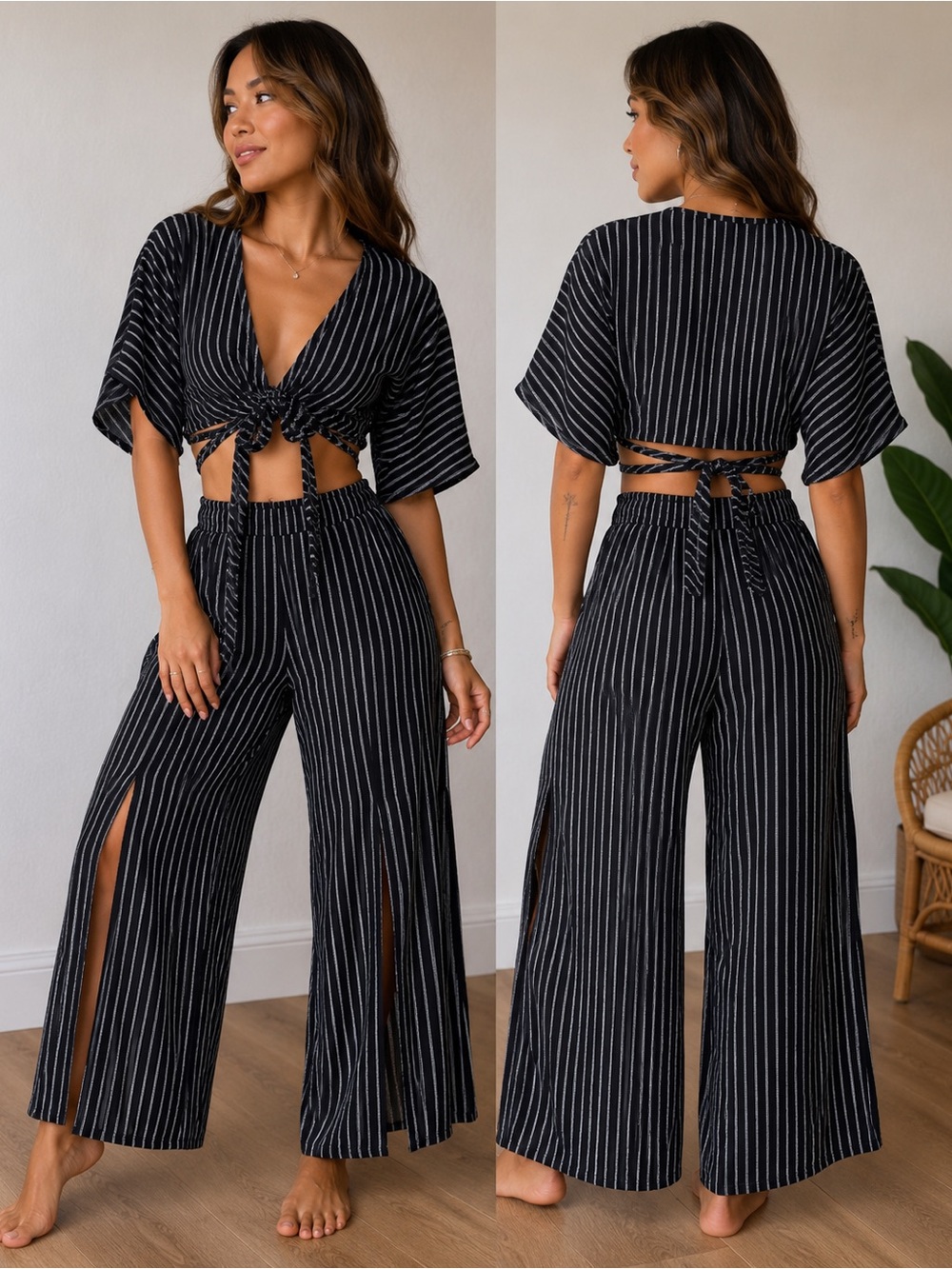 Cotton Candy Black & White Striped Two-Piece Pants Set